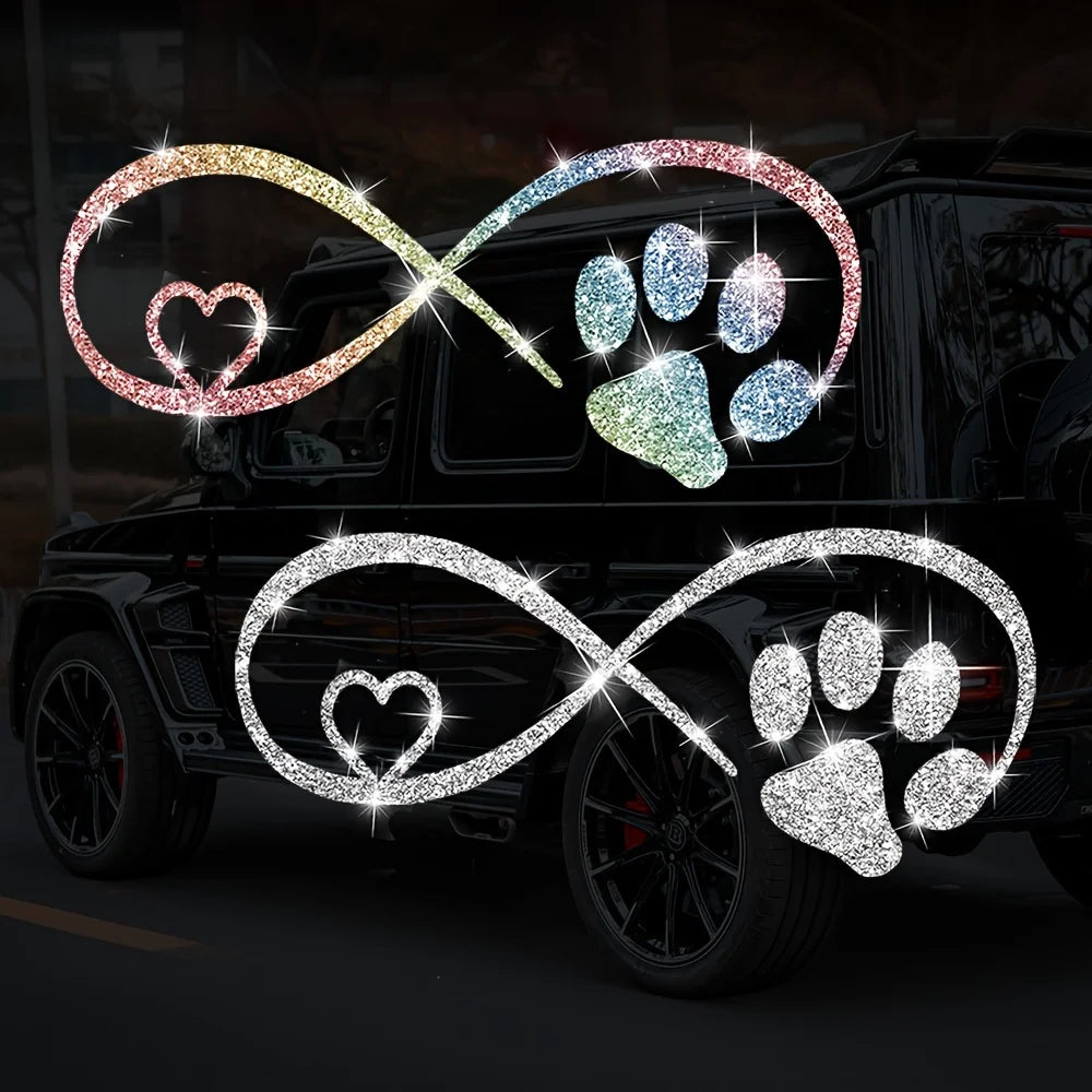 A Cute Cartoon Car Sticker With A Dog Paw Love Shape Bow Sticker, Shiny Car Window Sticker, Stylish Sticker, Qme