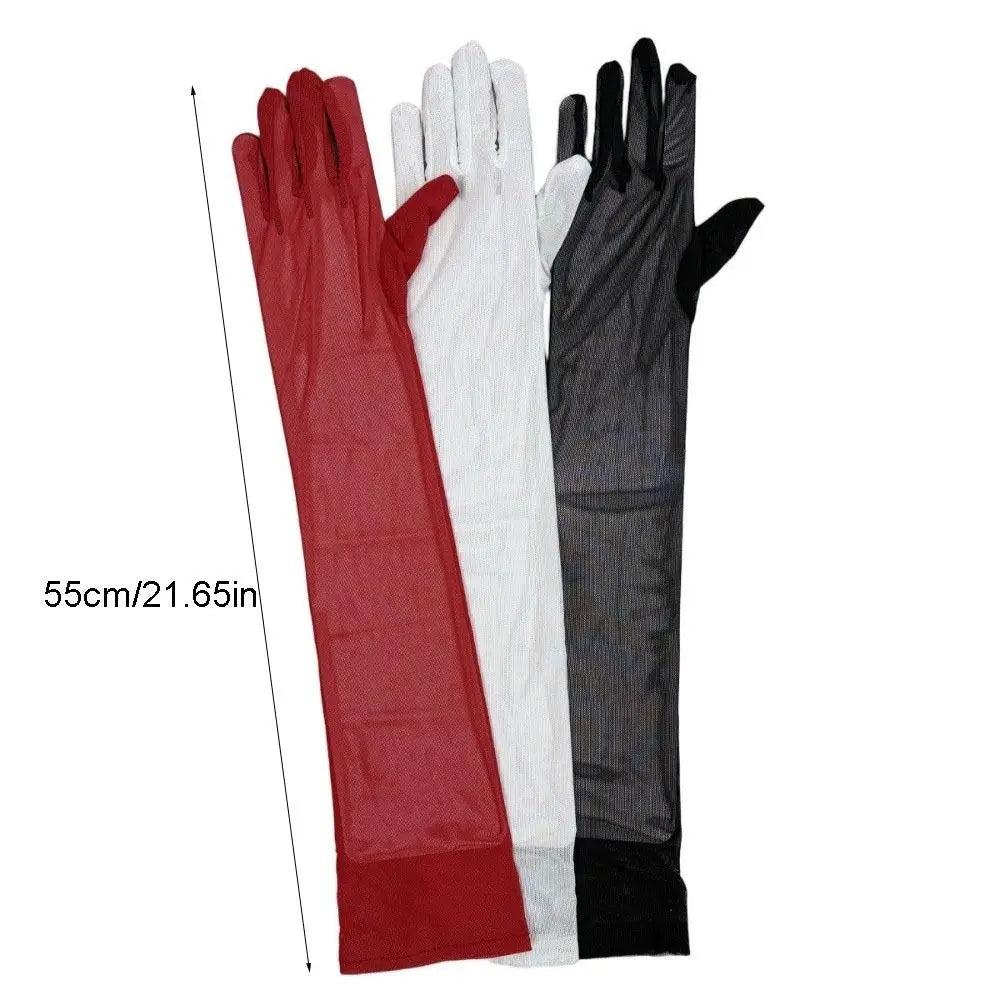 Fashion Ultra-thin Transparent Gloves Elbow Sheer Tulle Sunscreen Mittens Sun Protection Gauze Mesh Full Finger Gloves Outdoor Qme