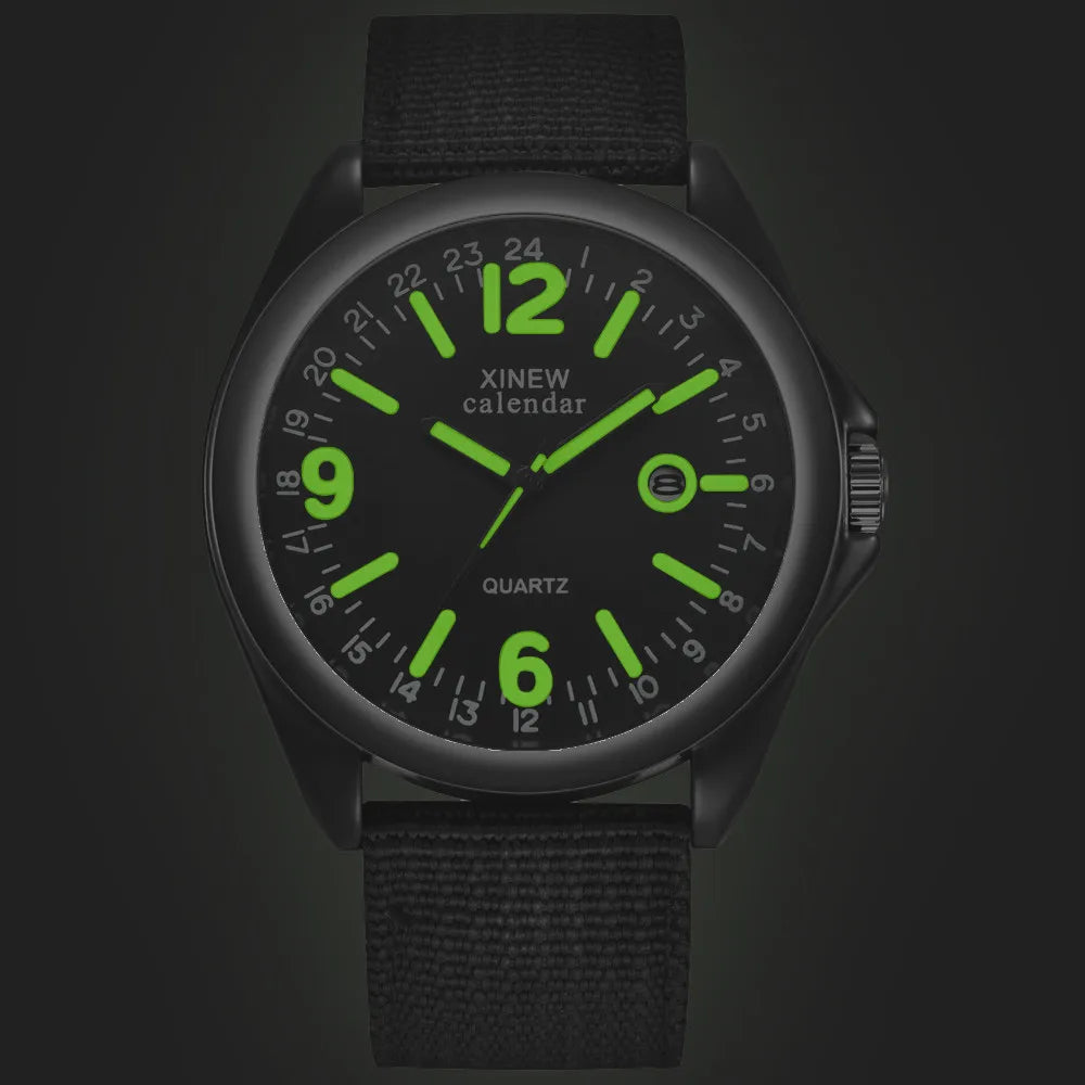 Man’s Luminous Fashion And Casual Versatile Canvas Strap Calendar Quartz Watch Basic Simple No Waterproof Black Round Dial Reloj Qme Black No