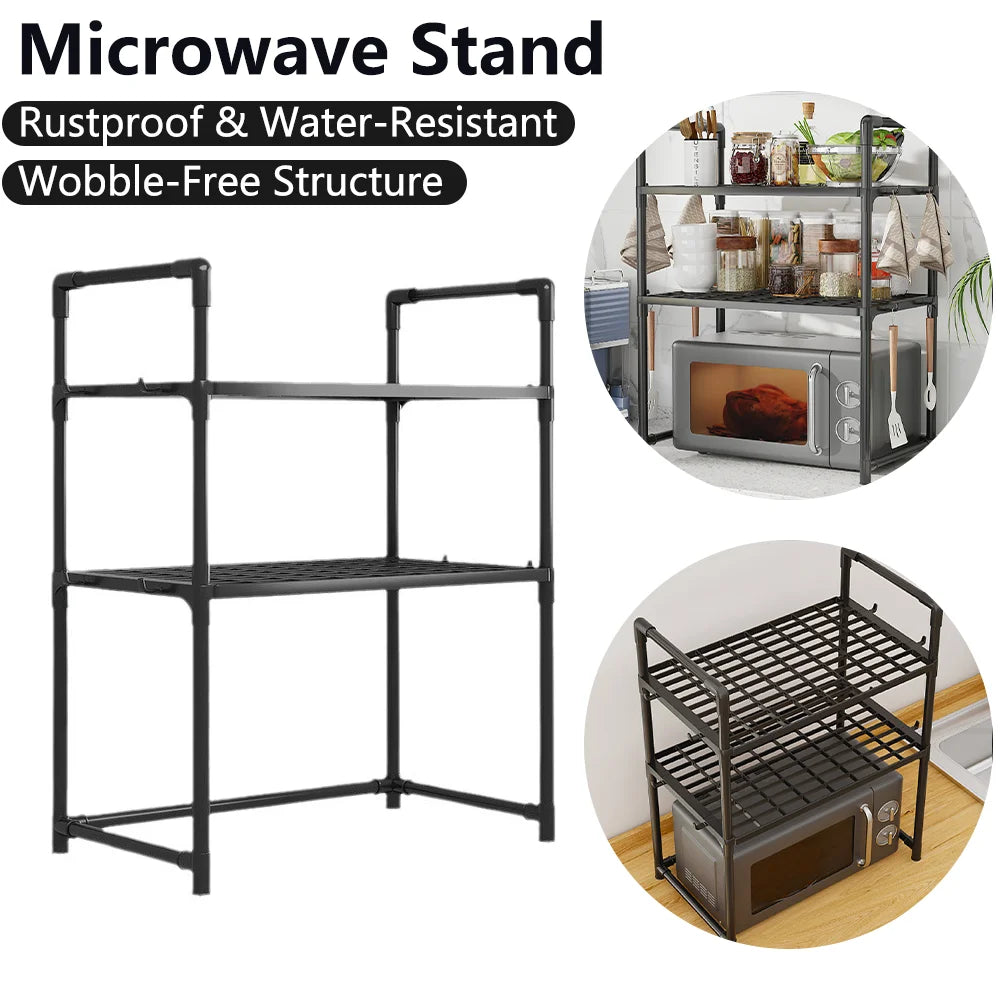Extra Wide Microwave Stand - 2-Tier Heavy-Duty Kitchen Shelf for Oven Toaster & Spice Racks with Handrail Hooks Non-Slip Qme