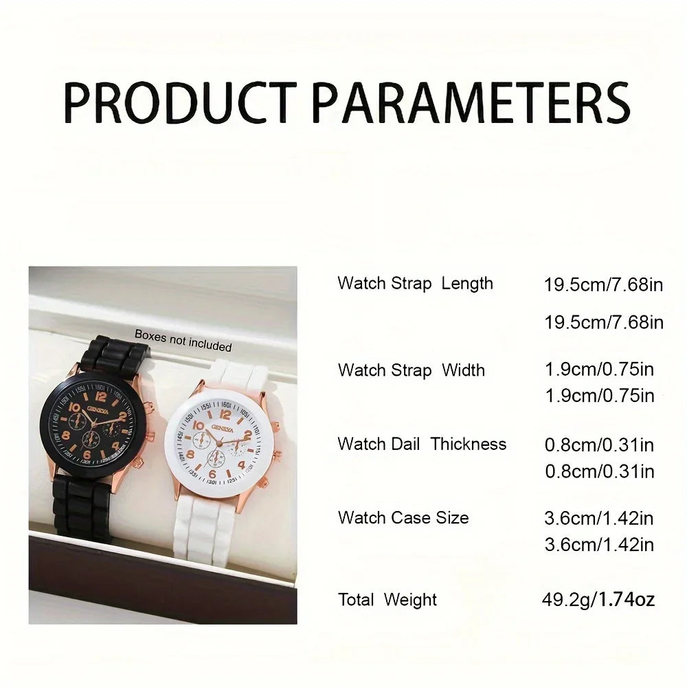2Pcs Luxury Women's Watch Set Fashion Luxury Elegant Alloy Wristwatch Silicone Strap Couple Watch Men Quartz Holiday Gifts Qme
