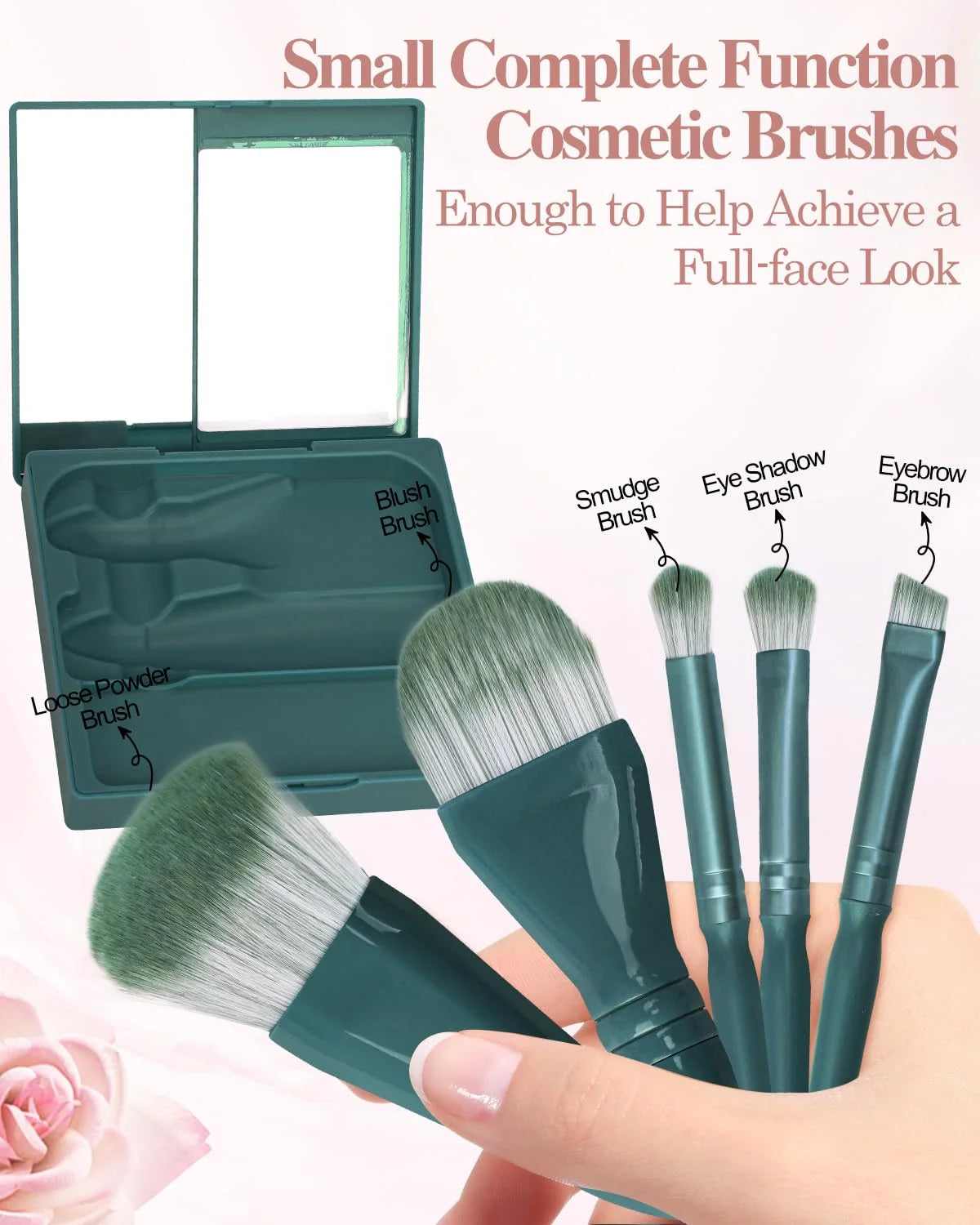 Mini Complete Function Cosmetic Brushes Mirror Shell Portable Travel Qme green