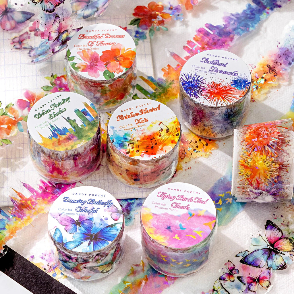 1 Roll Holographic Rainbow Butterfly Floral PET Tape Scrapbooking Journal DIY Supplies for Collage Art Decoration Qme