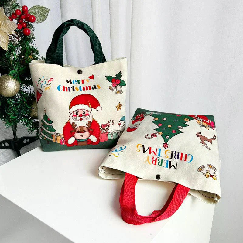 Christmas Gift Bags With Santa Claus Reindeer & Snowman Designs Durable Canvas Tote Bags Party Candy Bag Gift Bag Bulk Qme