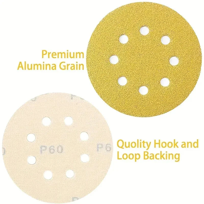 20Pcs Yellow Sanding Discs Assorted Grits 8 Holes 5Inch Sanding Disc Abrasive Tools Hook Loop Sandpaper Loop Sanding Disc Qme