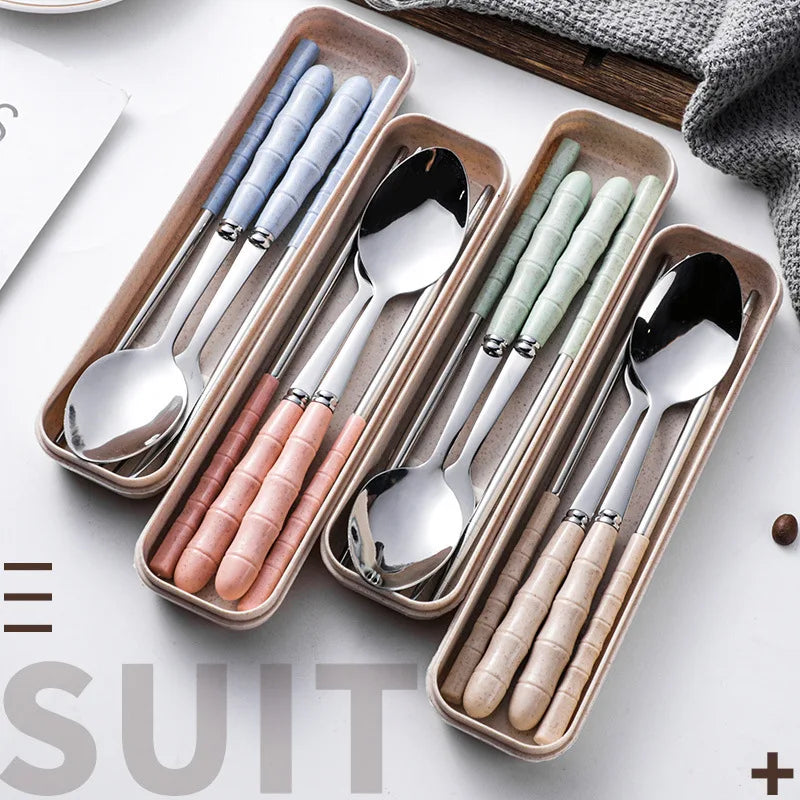 Portable Wheat Straw Cutlery Stainless Steel Spoon Fork Chopsticks Qme