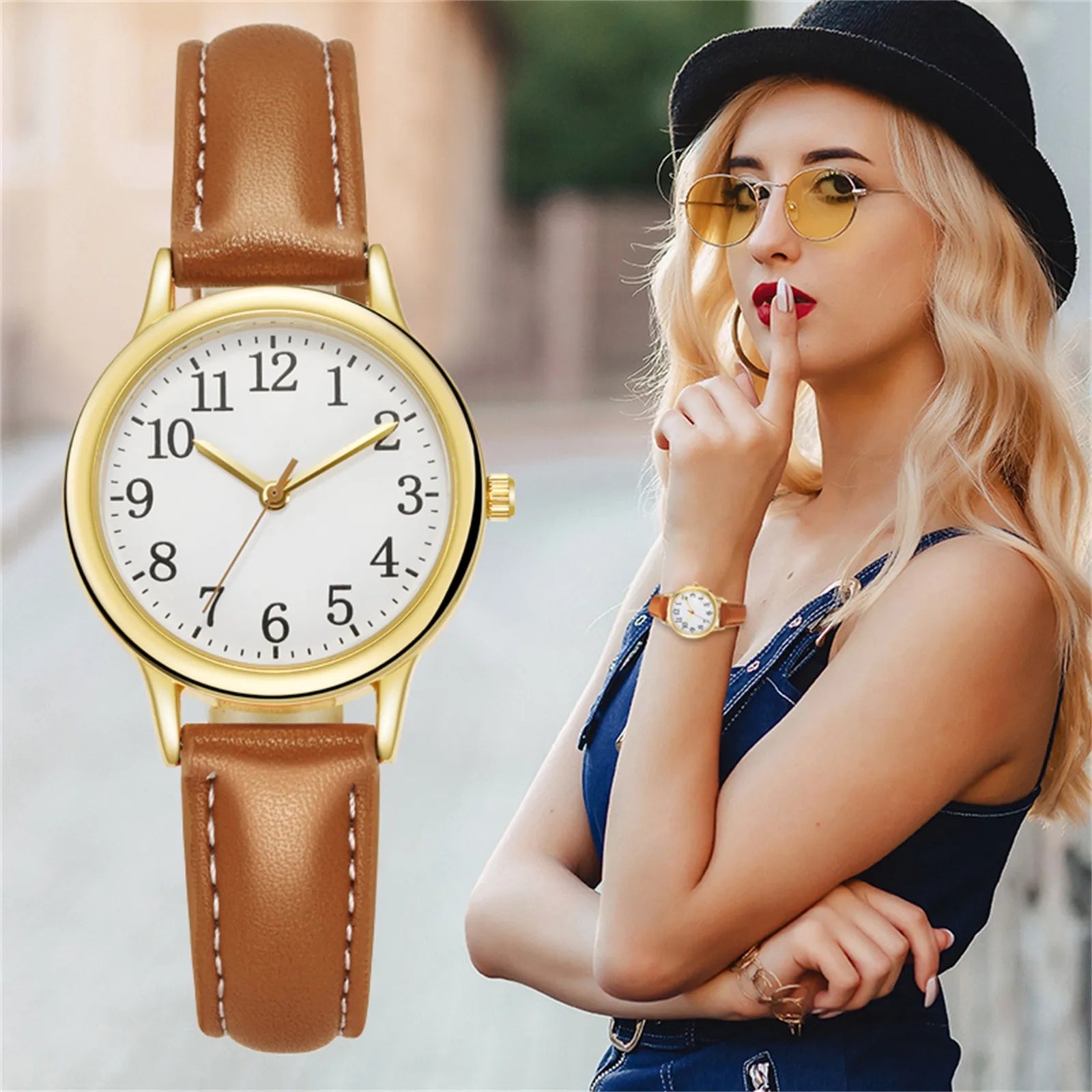 Leather Strap Movement Women Quartz Fine Watch Easy To Read Arabic Numerals Simple-Dial Fashion Minimalism Daily Versatile Watch Qme Brown