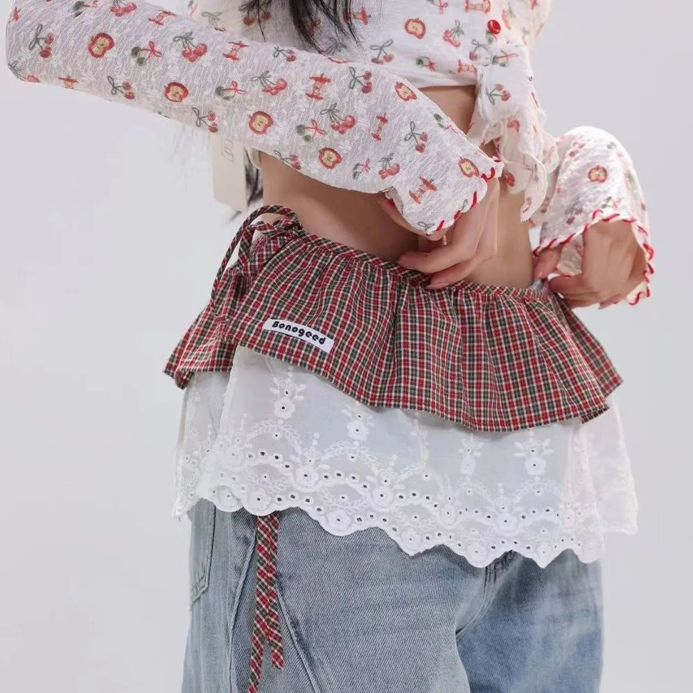 Sweet Balletcore Plaid Fart Curtain Korean Lace Up Mini Skirts Qme