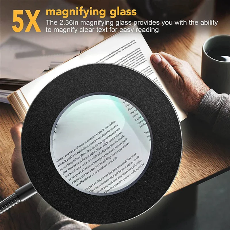 A02F-48 LED Desk Lamp Clip With 5X Magnifying Glass Light 360° Adjustable 3 Modes LED Desk Light For Bed Desk Work Crafts-2PC Qme