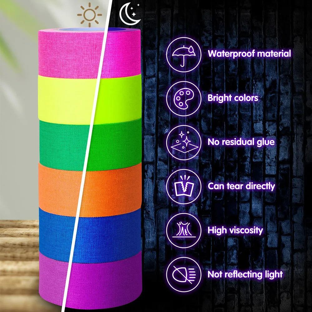 2Pcs 6Colors Neon Cloth Tape 16.4ft/5M Fluorescent UV Blacklight Reactive Glow in The Dark Gaffer Cloth Tape Stickers for Decor Qme