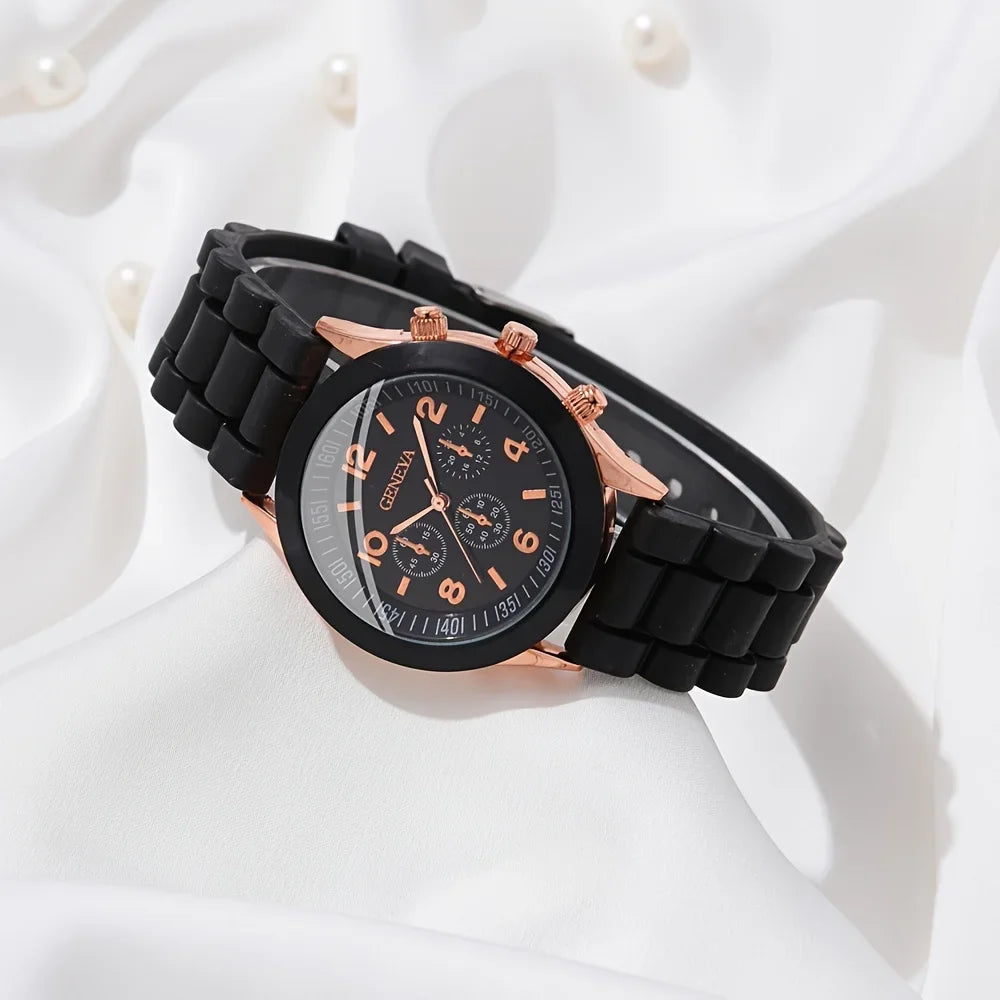 2Pcs Luxury Women's Watch Set Fashion Luxury Elegant Alloy Wristwatch Silicone Strap Couple Watch Men Quartz Holiday Gifts Qme