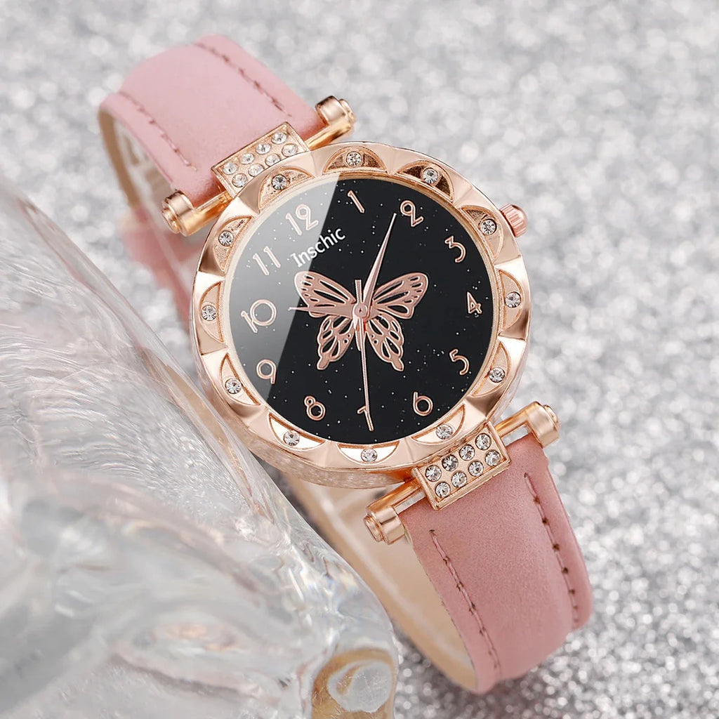 Women's Watch with Rhinestone Butterfly Dial, Leather Bracelet, Quartz Watches, Jewelry Set Without Box, Fashion, 6pcs Qme