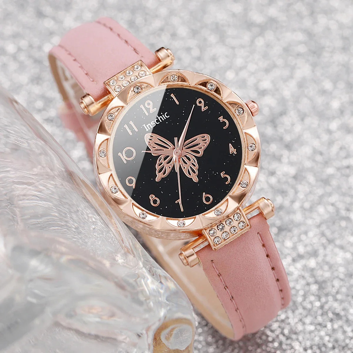 Women's Watch with Rhinestone Butterfly Dial, Leather Bracelet, Quartz Watches, Jewelry Set Without Box, Fashion, 6pcs Qme