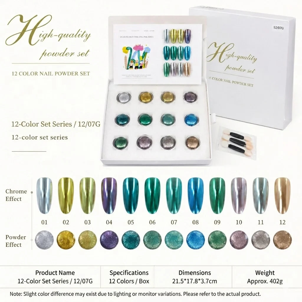 12-color Green Nail Polish Mirror Powder Includes Chart Storage Box Qme