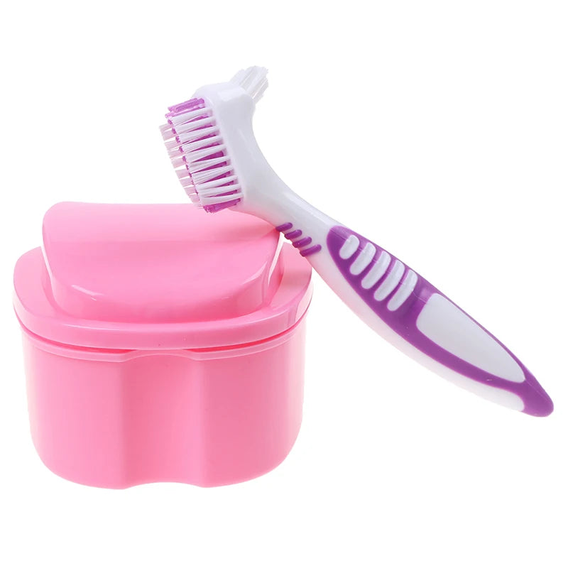 Denture Bath Storage Box Dental False Teeth Organizer Hanging Net Qme Pink