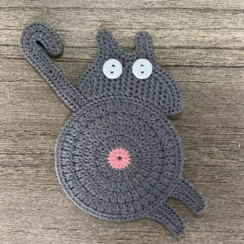 Knitted Cat Butt Coasters Cute Shaped Drink Mats Home Dining Table Qme grey