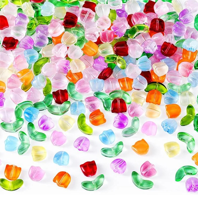 20PCS Glass Tulip Flower Beads Handcrafted Crystal Loose Beads for Spring Summer Valentines Wedding DIY Jewelry Making Gifts Qme Random color 10 sets
