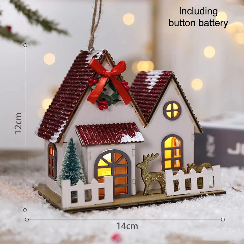 LED Wooden Christmas House Mini Xmas Snow Houses Wooden Winter Village Building Figurines Table Ornaments Holiday Party Decor Qme A2