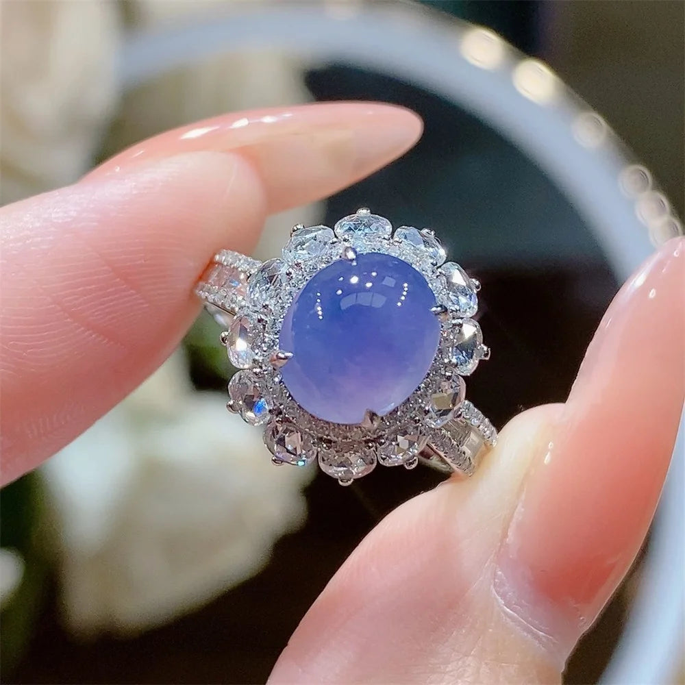 Imitation Natural Jade Marrow Purple Luo Ice Seed Zircon Ring Plated with S925 Silver Luxury Banquet Sparkling Jewelry Ring Qme