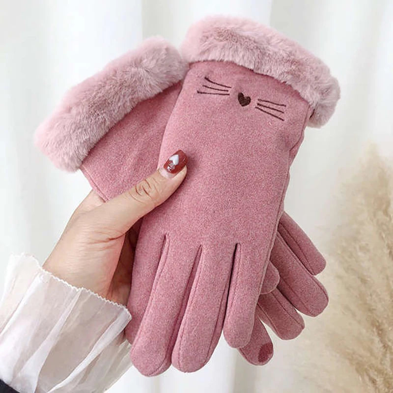 Autumn Winter Warm Suede Gloves Velvet Thickened Plush Decor Cuff Qme