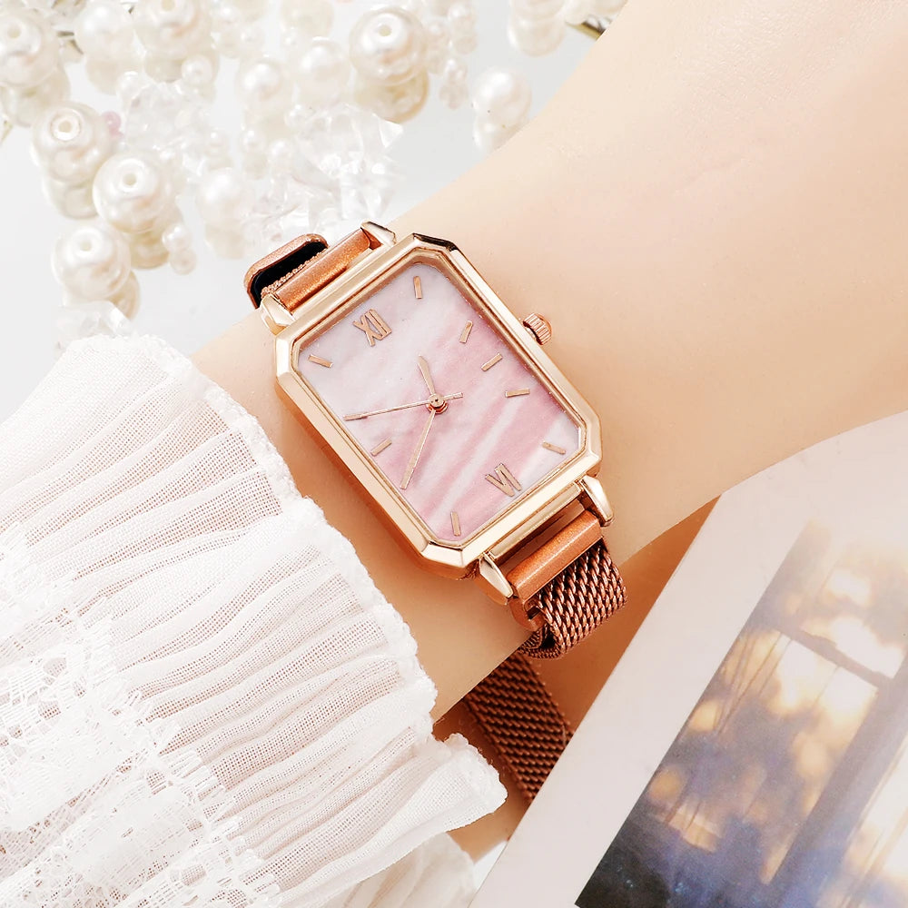Women Watches Fashion Square Ladies Quartz Watch Bracelet Set Green Dial Simple Rose Gold Mesh Luxury Women Watches Qme Gold