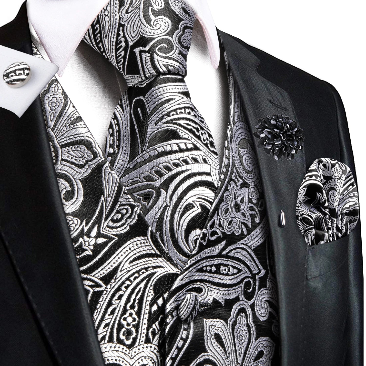 Mens Vests Jacquard Waistcoat Neck Tie Hanky Cufflinks Brooch Men Qme