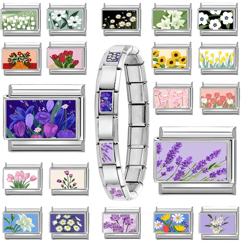 Fashion Iris Hyacinth Sunflower Daisy Flowers Series Italian Charm Link Fit 9mm Bracelet Stainless Steel Women Men DIY Making Qme