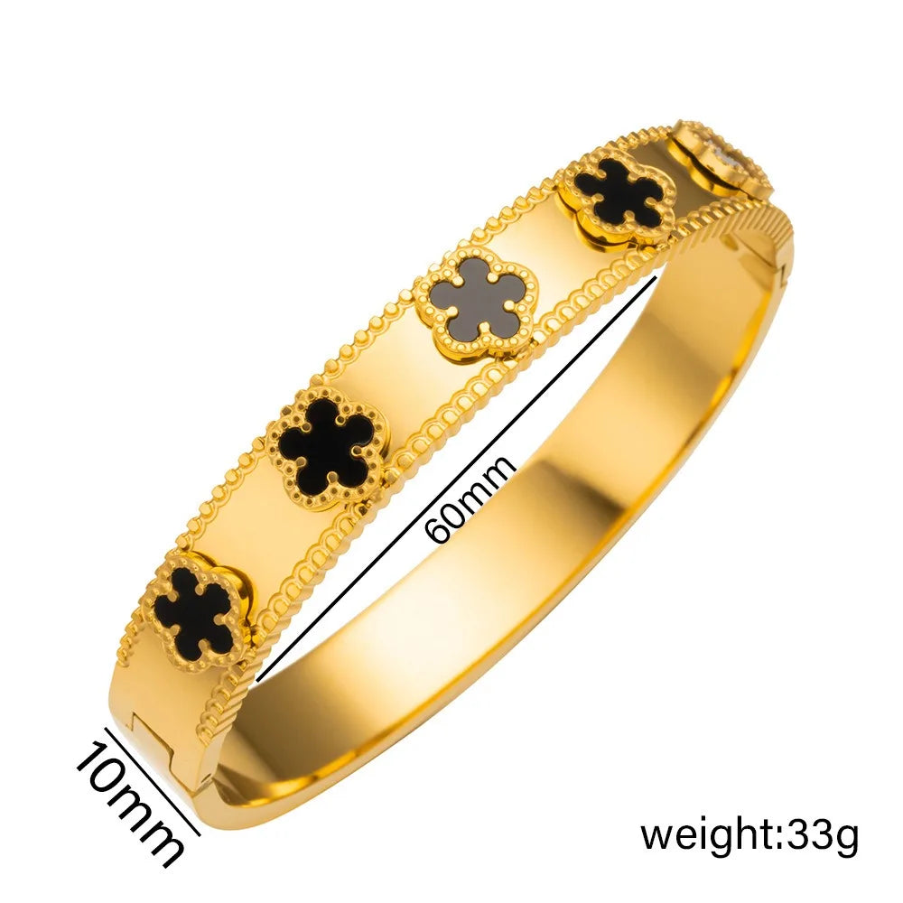 Unisex Gold/Silver Classic Stainless Steel Laser Five-Leaf Flower Open Bracelet & Bangles Simple For Woman Party Jewelry Clover Qme Gold 8