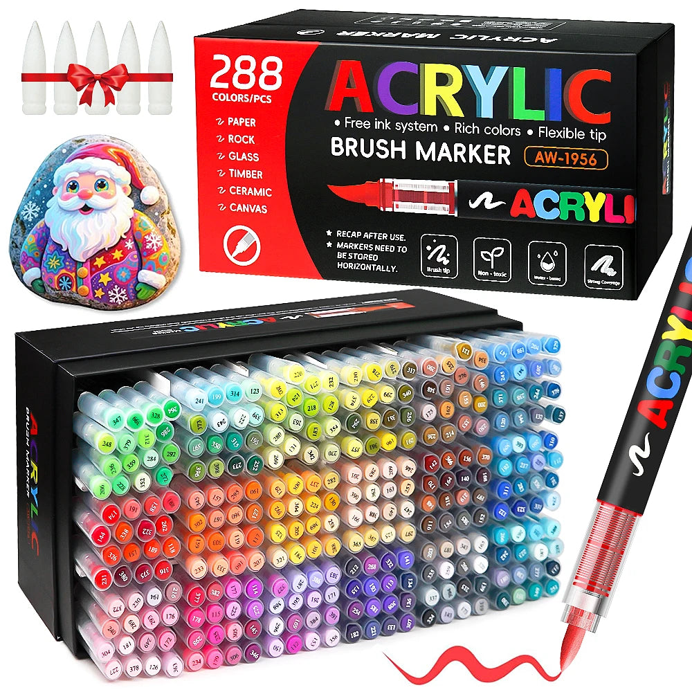 12-366 Colors Acrylic Paint Marker Pens Brush Tip Auto Ink Control Waterproof Quick Dry for Rock Painting DIY Craft Supplies Qme 288 colors