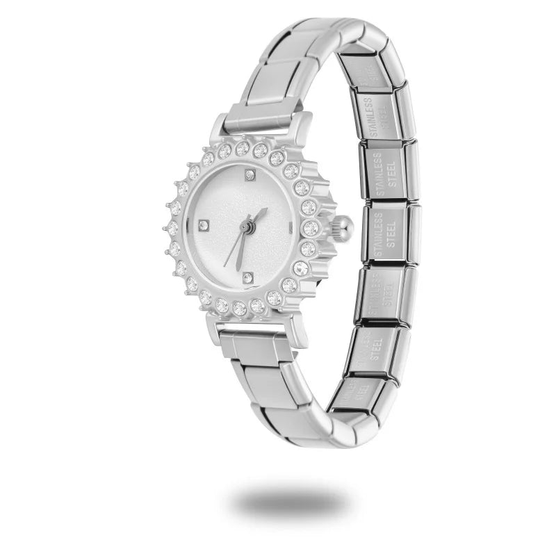 Fashion Women's Stainless Steel Round Shiny Zircon Watch DIY 9mm Width Bracelet Head For Party Friend Birthday DIY Jewelry Gift Qme S 28