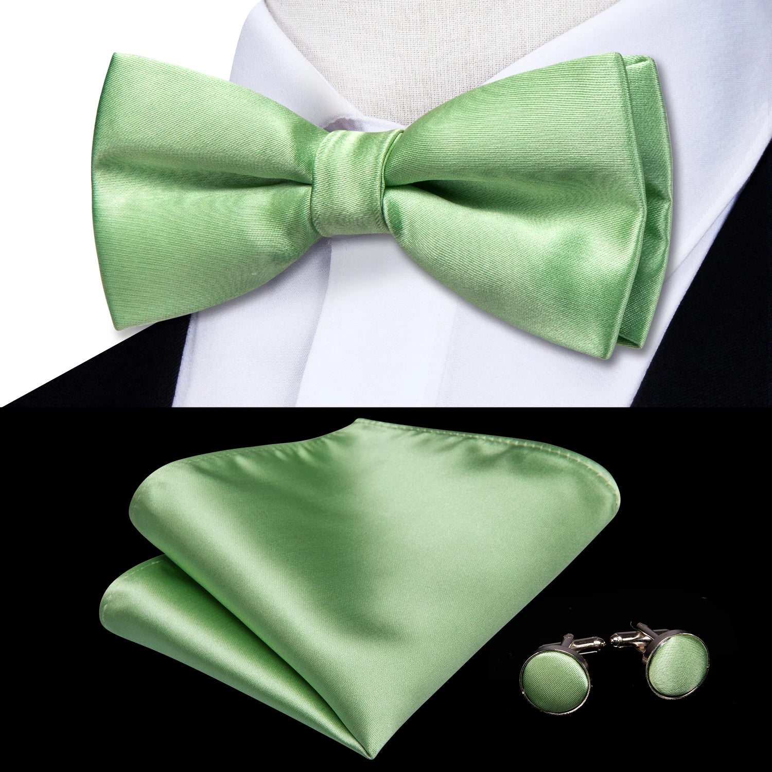 Hi-tie Dusty Pink Silk Mens Solid Sage Green Pre-tied Bow Tie Hanky Qme LH-0563
