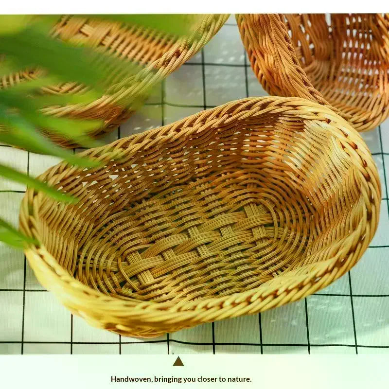 Handwoven Plastic Rattan Basket Durable Washable For Kitchen Bread Fruits Snacks Holder Qme