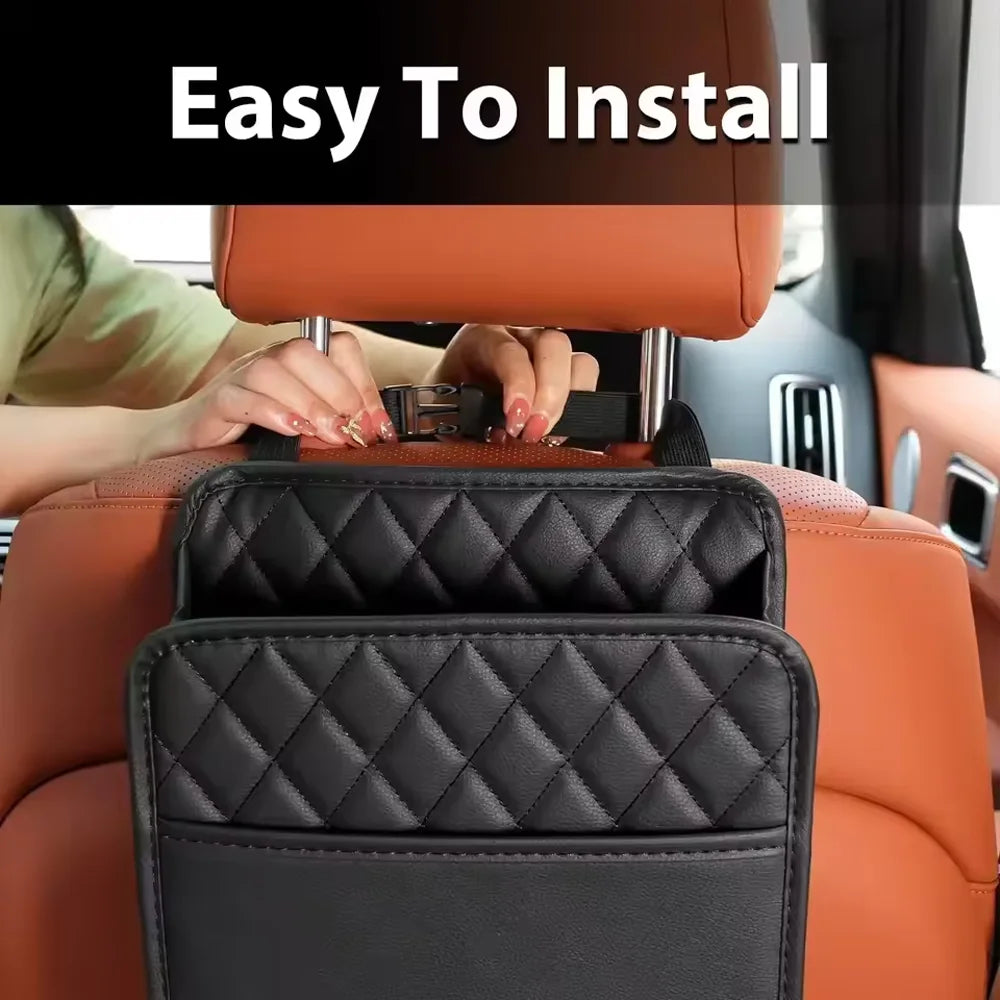 Leather Car Seat Back Storage Bag, Multi-Purpose Organizer with Garbage Can & Trash Bag Holder for Most Models Qme