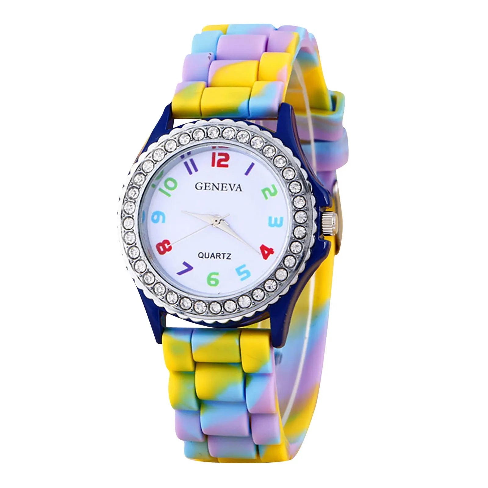 Girls’ Silicone Camouflage Watch Crystal Bling Quartz Wrist Watch Fashion And Cool Casual PU Strap Round Dial With Diamond Watch Qme H