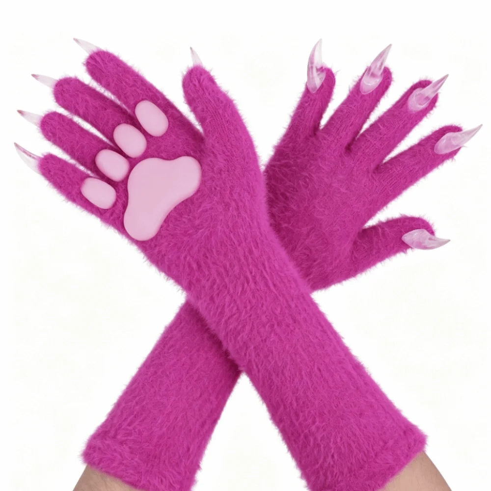 Long Cat Claw Gloves Furry Cute Animal Hand Silicone Paw Pads Cosplay Qme Rose Red