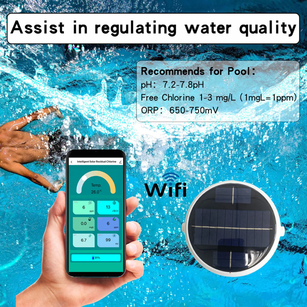7-in-1 Digital Pool Water Tester Floating Wireless Water Quality Tester Temperature EC ORP for Pools Spas and Hydroponics Qme