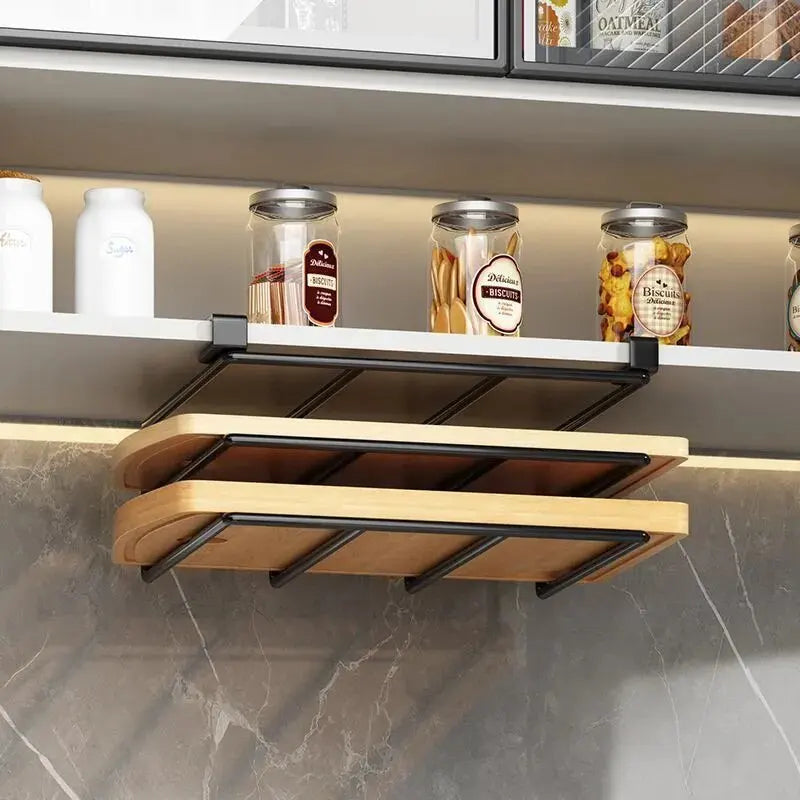 Multi-Purpose Under Cabinet Organizer with Hooks, No-Drill Wall Mounted Cutting Board Holder & Pot Lid Rack for Kitchen Qme
