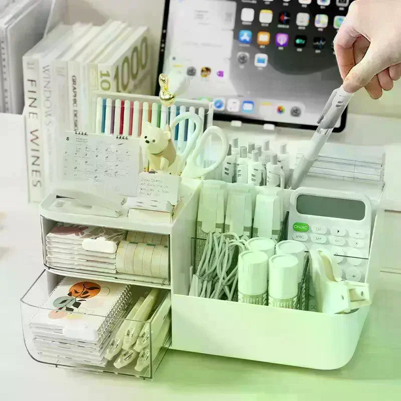 Large Capacity Multifunctional Desk Organizer With 2 Transparent Drawers, Desktop Office Supplies Storage Pen Holder For School Qme