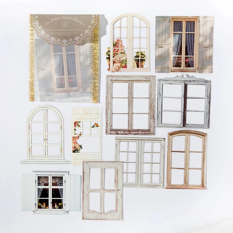 10 Sheets Vintage Hollow Door Window Sticker Diy Diary Decoration Plant Flower INS Sticker Album Scrapbooking Kawaii Stationery Qme D