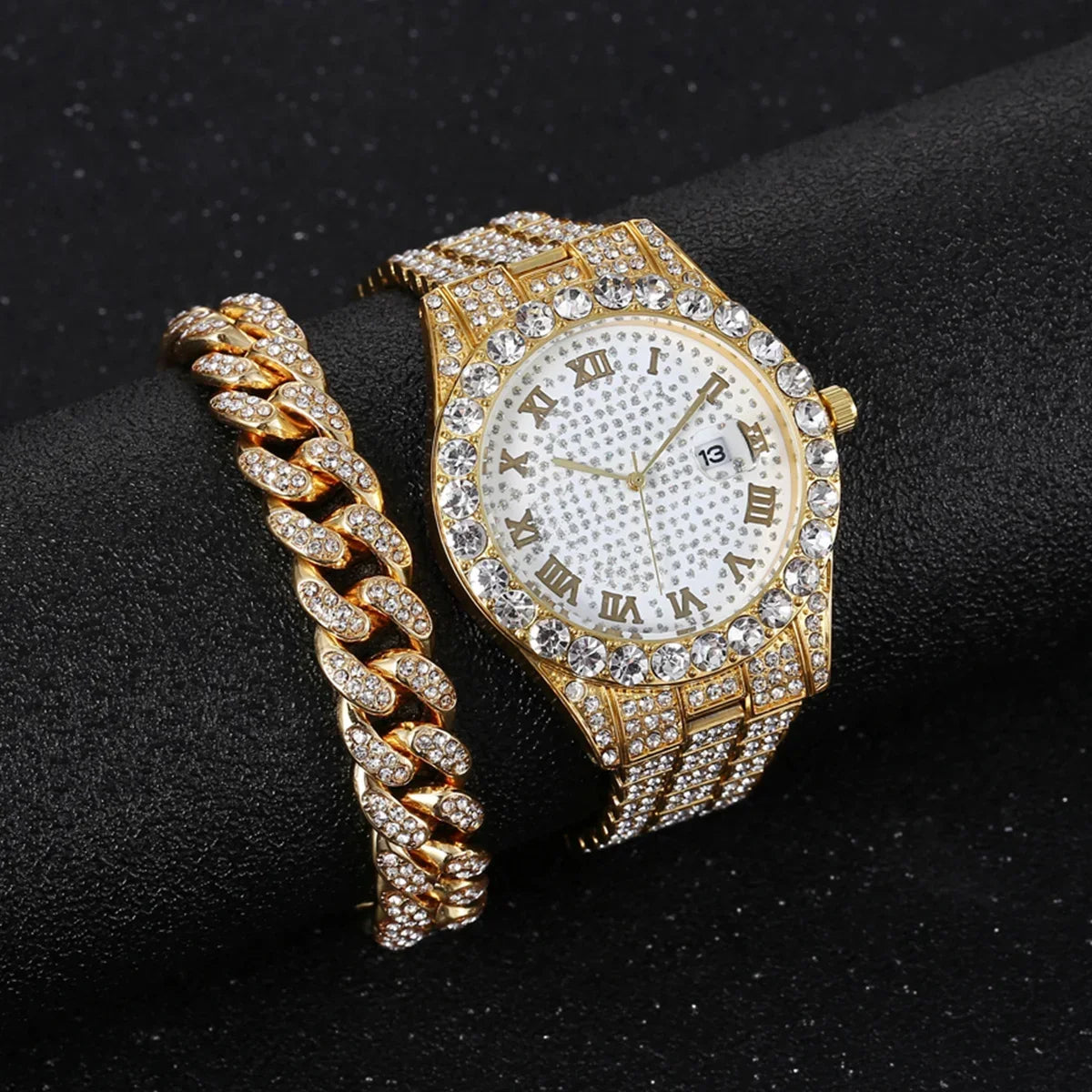 2pcs/set Rhinestone Large Dial Steel Strap Quartz Zinc Alloy Watch And Cuban Link Style Bracelet Set(1 Watch+1 Bracelet) Qme Gold