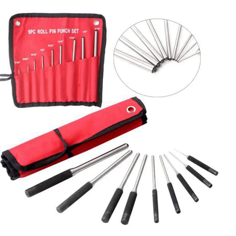A02F-9-Piece Steel Multi-Size Round Heads Pin Impact Set Professional Hollow End Driver Chisel Tool Qme As Shown