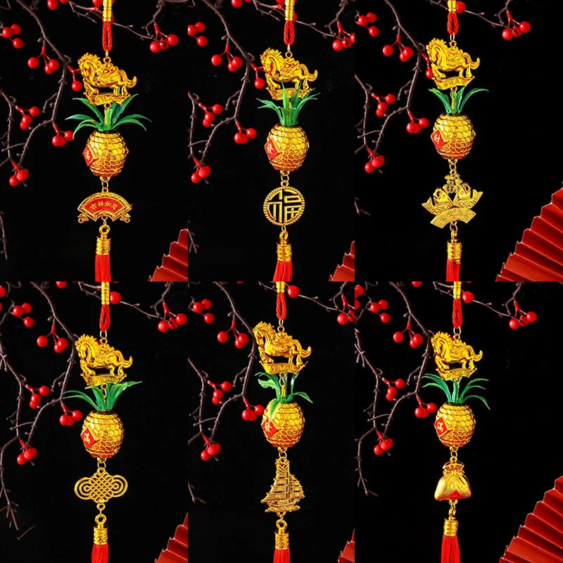 Chinese Year 2026 Celebration Decor Horse Red Gold Pineapple Hanging Qme