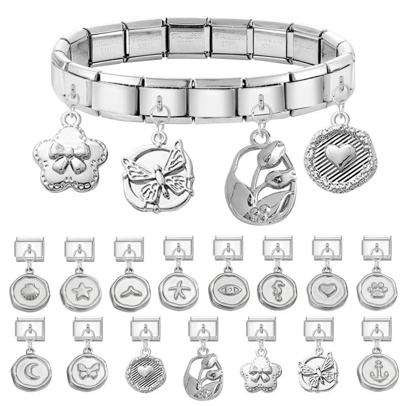 Wholesale Fashion Round Moon Shell Heart Seahorse Italian Charm Link Fit 9mm Stainless Steel DIY Bracelet Jewelry Making Bead Qme
