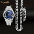 Fashion Silver Blue Watch Set Gift Box Men's Ice Inlaid 12mm Cuban Chain Necklace Bracelet Watch Set Hip Hop Chain Ice Jewelry Qme Bronze No