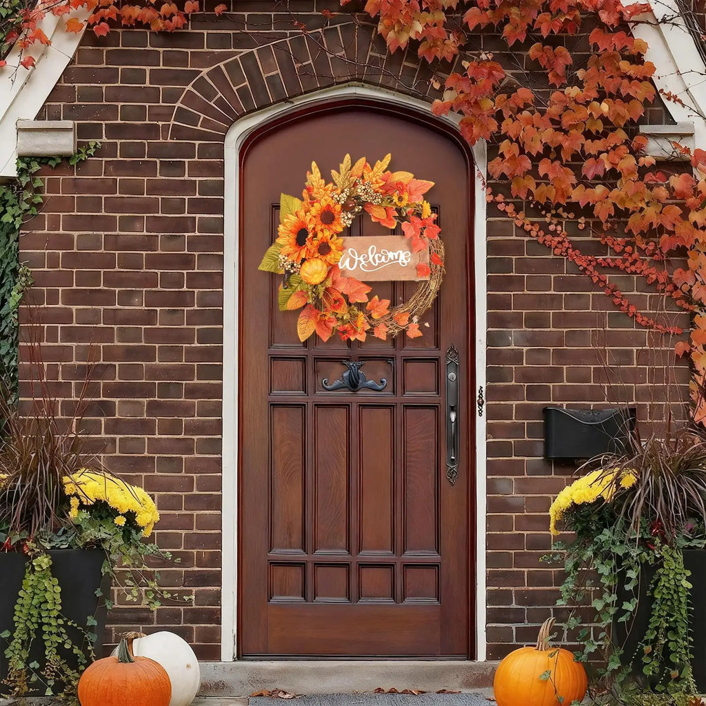 Fall Wreath Outdoor Realistic Sunflower Pumpkin Maple Ornament Qme