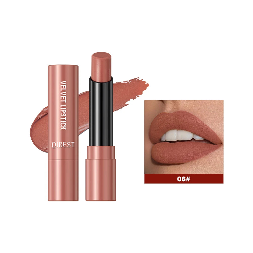 QIBESTNatural Velvet Matte Lipstick Long-lasting 10 Color Lip Stain Lightweight Moisturizing Lip Balm Women Makeup New Lip Tint Qme 06