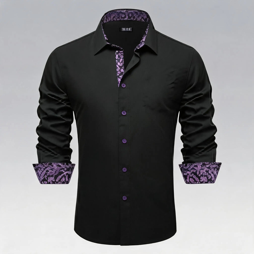 Soft Solid LS Plaid Collar Cuff Patch Shirts Black or Dark Gray Daily Office Casual Button Wear Tops Qme