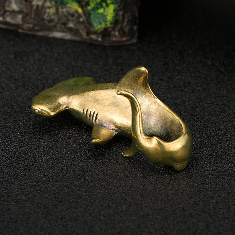 Vintage Brass Shark Figurines Pure Copper Hammerhead Statue Desktop Qme