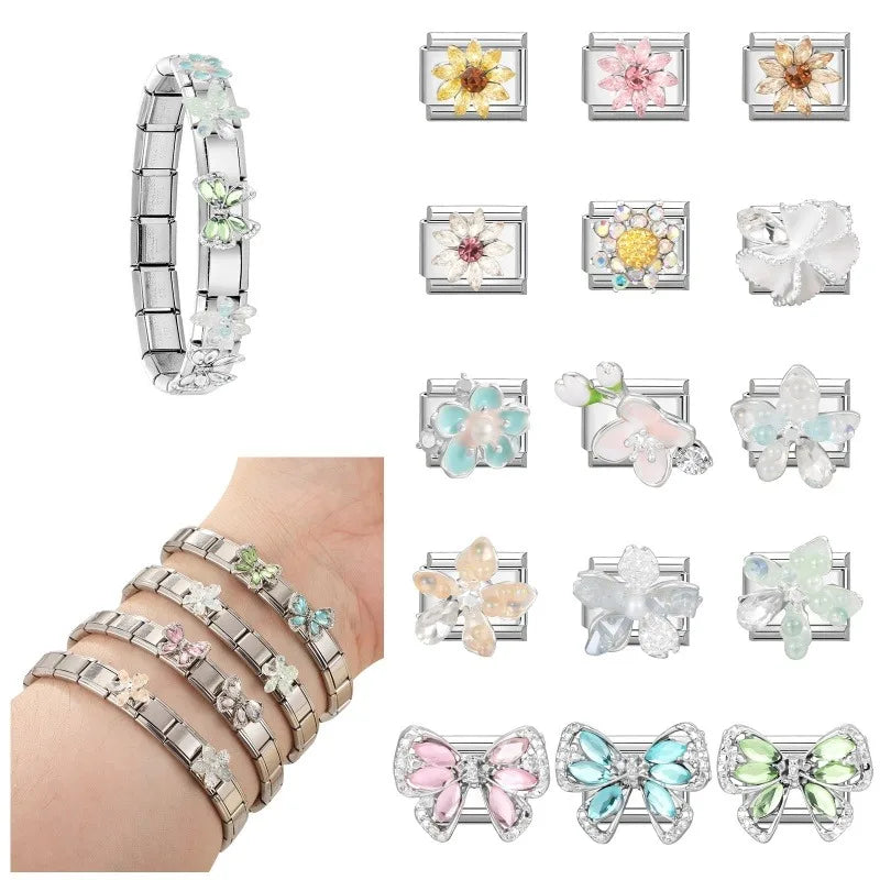 Wholesale Beautiful Flowers Shiny Zircon Bowknot Italian Charm Links Stainless Steel Fit 9mm Bracelet Jewelry Diy Making Gifts Qme