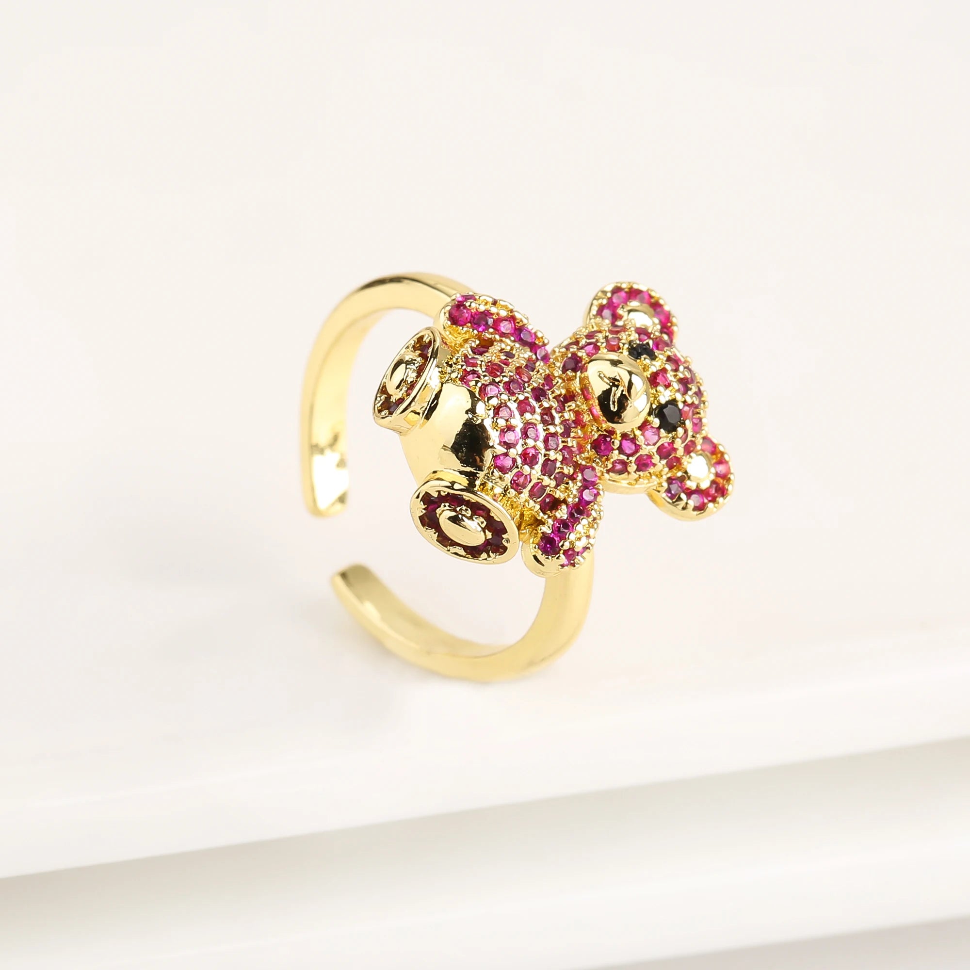 Cute Shiny Cubic Zirconia Animal Bear Ring Adjustable High Quality Women Fashion Party Jewelry Gift Daily Wear Dropshipping Qme Red resizable
